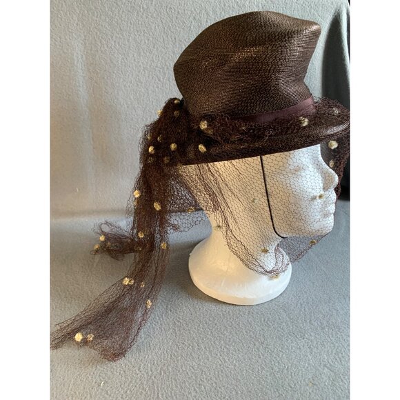 Ladies Brown Hat with netting and Pom Pom accents Sz 22 Vintage main image 8